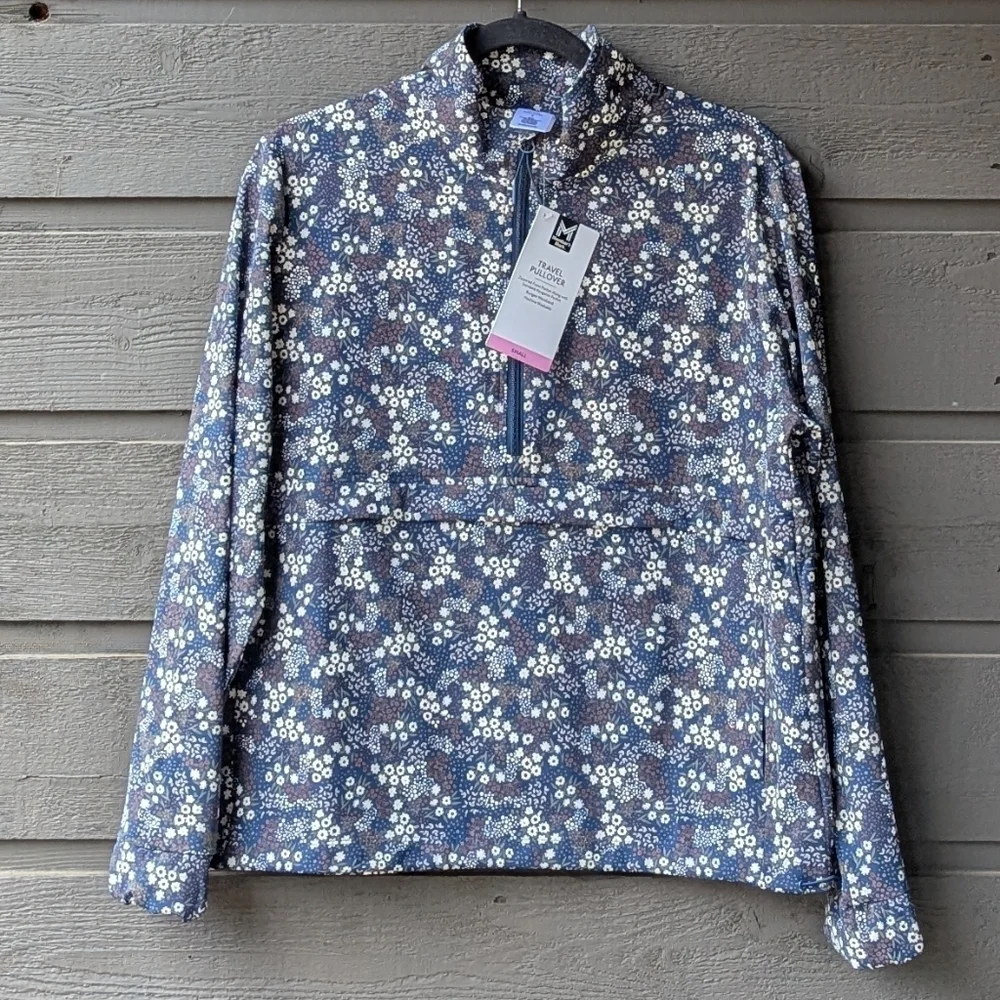 NWT Member's Mark Travel Pullover Navy Blue Ditsy Floral Size Small Half Zip